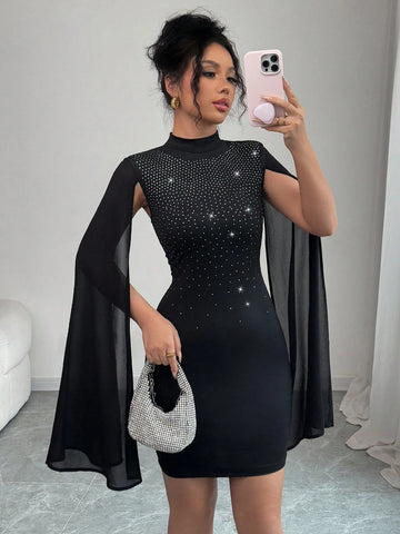 Spring/Summer Fashion Women's Gradual Ombre Rhinestone Chiffon Midi Dress, Fitted Waist, V-