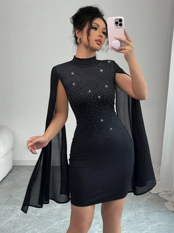 Spring/Summer Fashion Women's Gradual Ombre Rhinestone Chiffon Midi Dress, Fitted Waist, V-