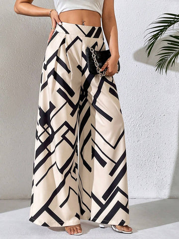 Raffinéa Spring/Summer Houndstooth Printed Straight Pants With Pleats, Versatile For Office Look