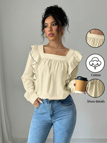 Raffinéa Square Collar Color Contrast Ruffle Trim Elegant Long Sleeve Blouse