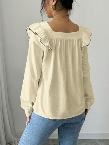 Raffinéa Square Collar Color Contrast Ruffle Trim Elegant Long Sleeve Blouse