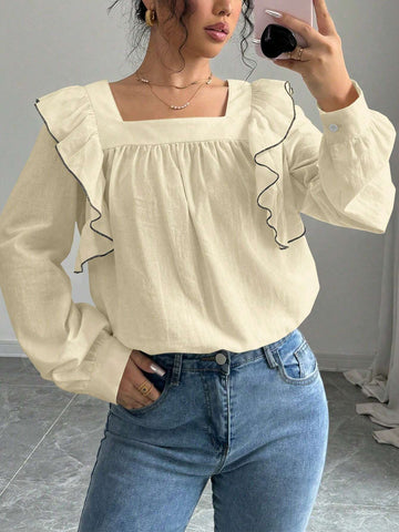 Raffinéa Square Collar Color Contrast Ruffle Trim Elegant Long Sleeve Blouse