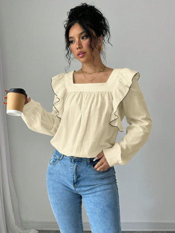Raffinéa Square Collar Color Contrast Ruffle Trim Elegant Long Sleeve Blouse
