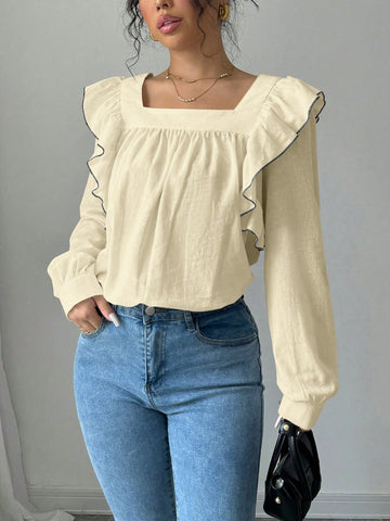 Raffinéa Square Collar Color Contrast Ruffle Trim Elegant Long Sleeve Blouse