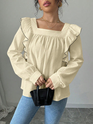 Raffinéa Square Collar Color Contrast Ruffle Trim Elegant Long Sleeve Blouse