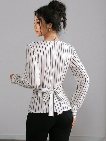 Striped Wrap-Around Multi-Slit Cinched Waist Shoulder Detail Long Sleeve Shirt