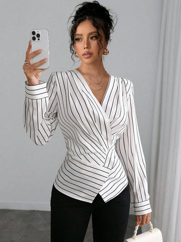 Striped Wrap-Around Multi-Slit Cinched Waist Shoulder Detail Long Sleeve Shirt