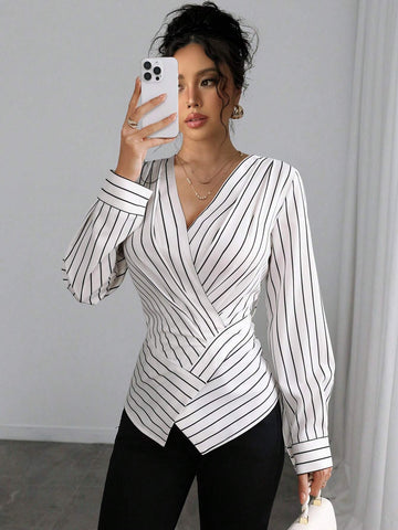 Striped Wrap-Around Multi-Slit Cinched Waist Shoulder Detail Long Sleeve Shirt