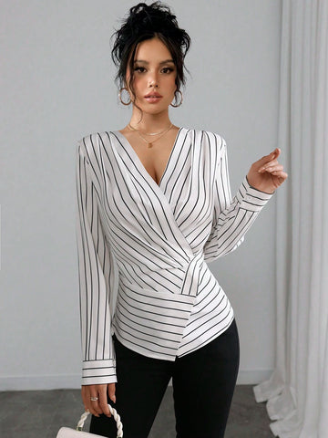 Striped Wrap-Around Multi-Slit Cinched Waist Shoulder Detail Long Sleeve Shirt