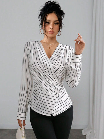Striped Wrap-Around Multi-Slit Cinched Waist Shoulder Detail Long Sleeve Shirt