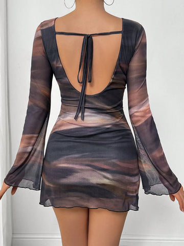 Tie-Dye Print Mesh Backless Flare Sleeve Dress