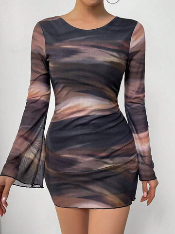 Tie-Dye Print Mesh Backless Flare Sleeve Dress