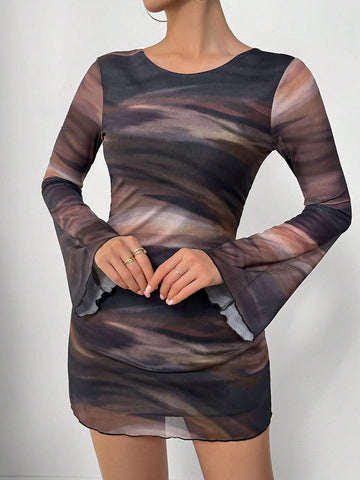 Tie-Dye Print Mesh Backless Flare Sleeve Dress