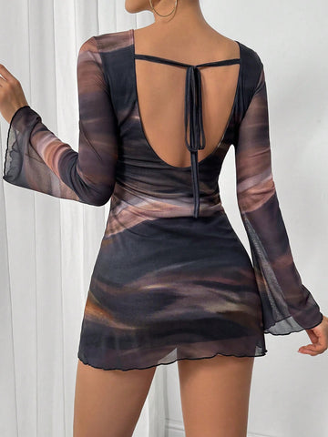 Tie-Dye Print Mesh Backless Flare Sleeve Dress