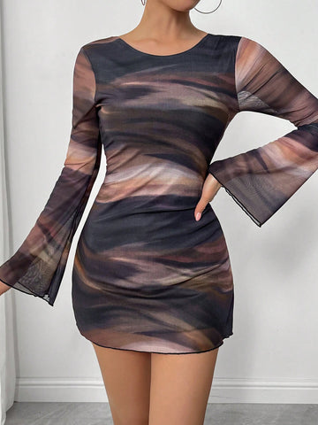 Tie-Dye Print Mesh Backless Flare Sleeve Dress