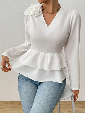 Raffinéa V-Neck Casual Plain Color Long Sleeve Shirt, Minimalist Fashion For Everyday Wear, Spring/Autumn