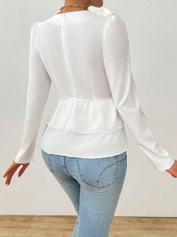 Raffinéa V-Neck Casual Plain Color Long Sleeve Shirt, Minimalist Fashion For Everyday Wear, Spring/Autumn