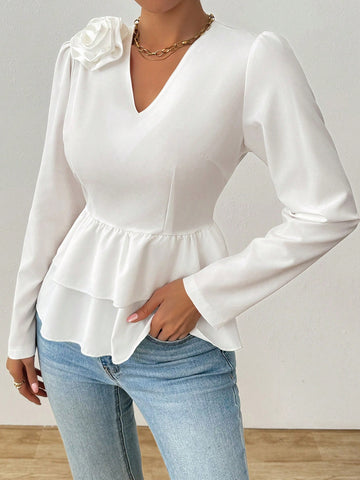 Raffinéa V-Neck Casual Plain Color Long Sleeve Shirt, Minimalist Fashion For Everyday Wear, Spring/Autumn