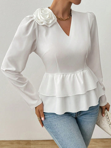 Raffinéa V-Neck Casual Plain Color Long Sleeve Shirt, Minimalist Fashion For Everyday Wear, Spring/Autumn