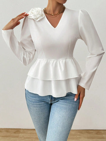Raffinéa V-Neck Casual Plain Color Long Sleeve Shirt, Minimalist Fashion For Everyday Wear, Spring/Autumn