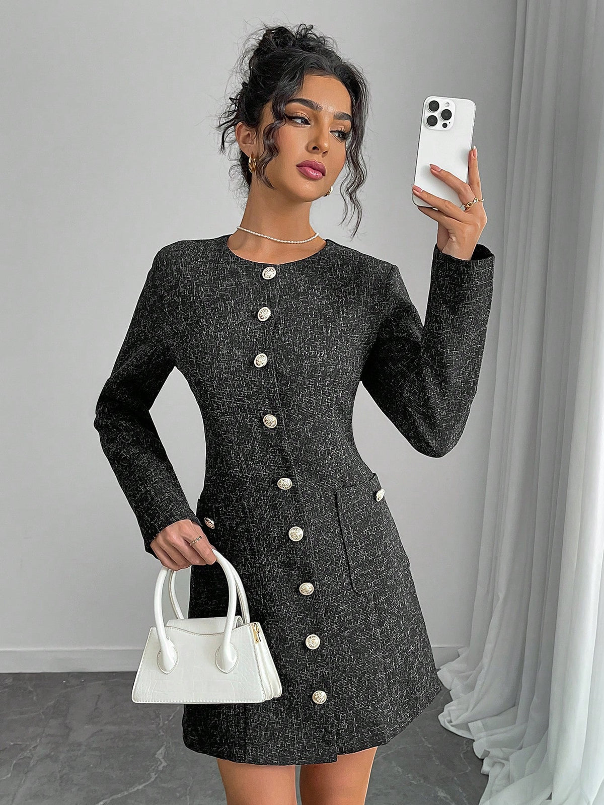 Women Elegant Front Button Long Sleeve Pockets Midi Dress
