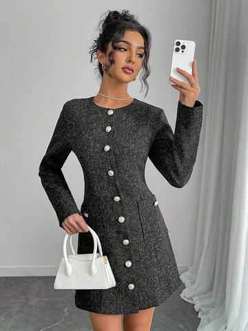 Women Elegant Front Button Long Sleeve Pockets Midi Dress