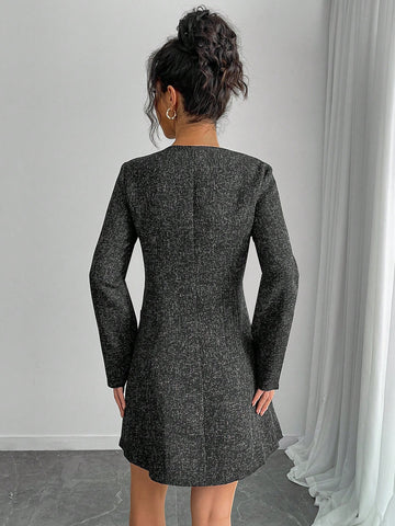 Women Elegant Front Button Long Sleeve Pockets Midi Dress