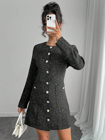 Women Elegant Front Button Long Sleeve Pockets Midi Dress