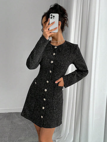 Women Elegant Front Button Long Sleeve Pockets Midi Dress