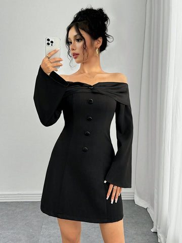 Women Elegant Solid Color Off-Shoulder Bell Sleeve Dress, Autumn