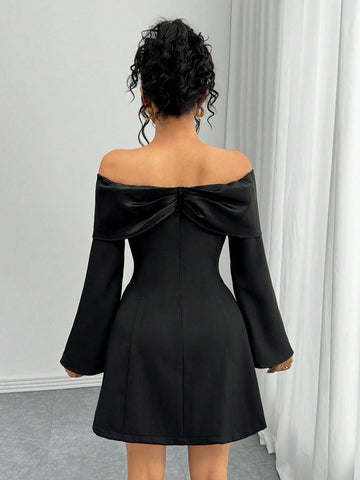 Women Elegant Solid Color Off-Shoulder Bell Sleeve Dress, Autumn