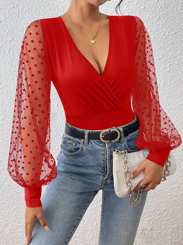 Women Long Sleeve Polka Dot Mesh Bodysuit