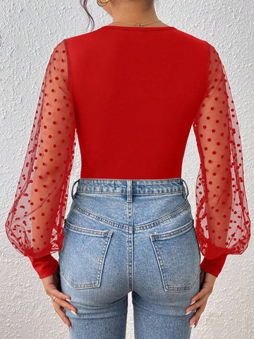 Women Long Sleeve Polka Dot Mesh Bodysuit