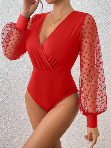 Women Long Sleeve Polka Dot Mesh Bodysuit