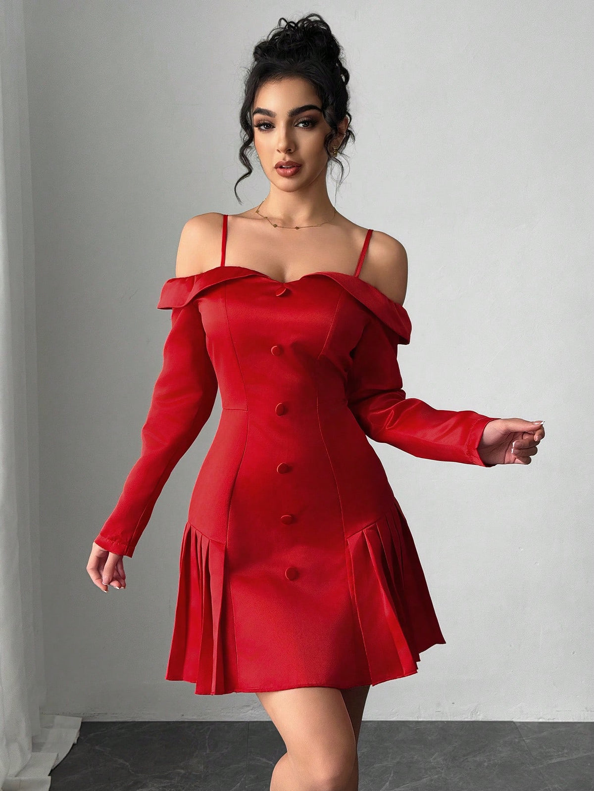 Women Open Shoulder Long Sleeve Button Mini Dress