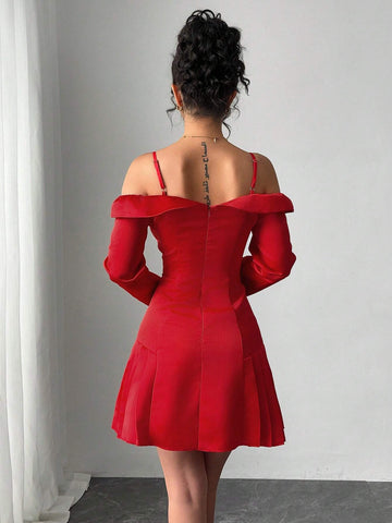 Women Open Shoulder Long Sleeve Button Mini Dress