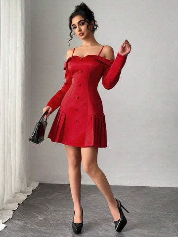 Women Open Shoulder Long Sleeve Button Mini Dress