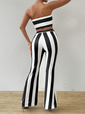 Women Striped Summer Casual Color Block Sleeveless Crop Top And Bell Bottoms Two-Piece Set