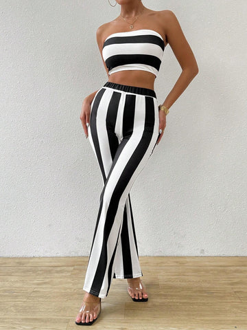 Women Striped Summer Casual Color Block Sleeveless Crop Top And Bell Bottoms Two-Piece Set
