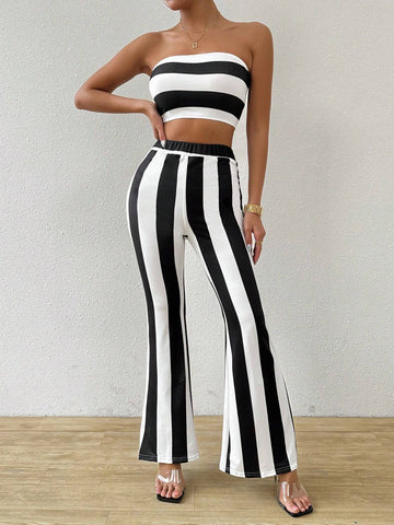 Women Striped Summer Casual Color Block Sleeveless Crop Top And Bell Bottoms Two-Piece Set
