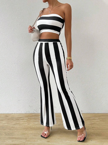 Women Striped Summer Casual Color Block Sleeveless Crop Top And Bell Bottoms Two-Piece Set