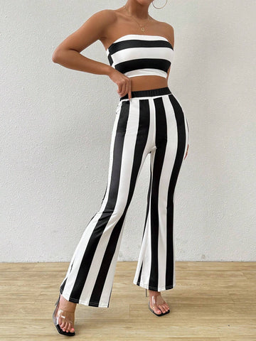 Women Striped Summer Casual Color Block Sleeveless Crop Top And Bell Bottoms Two-Piece Set