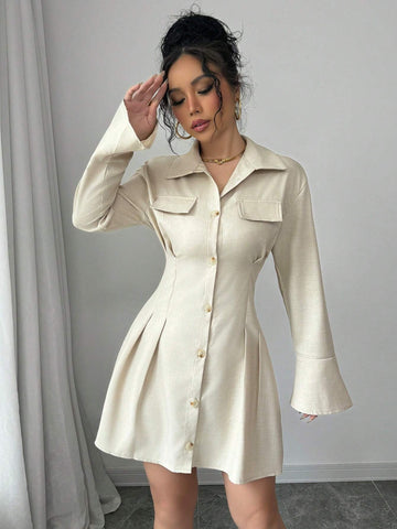 Women's Casual Solid Color Bell Sleeve Pleated Hem Shirt Dress, Autumn