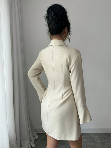 Women's Casual Solid Color Bell Sleeve Pleated Hem Shirt Dress, Autumn