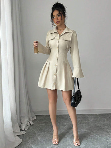 Women's Casual Solid Color Bell Sleeve Pleated Hem Shirt Dress, Autumn