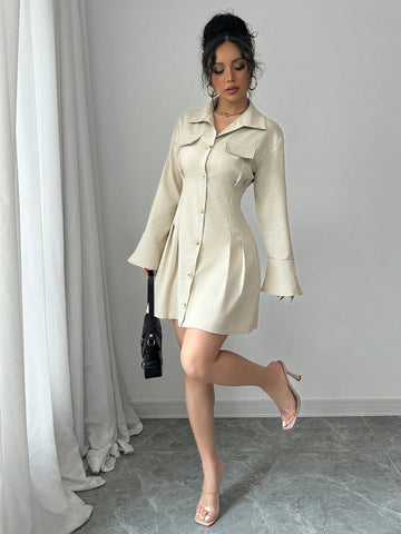 Women's Casual Solid Color Bell Sleeve Pleated Hem Shirt Dress, Autumn