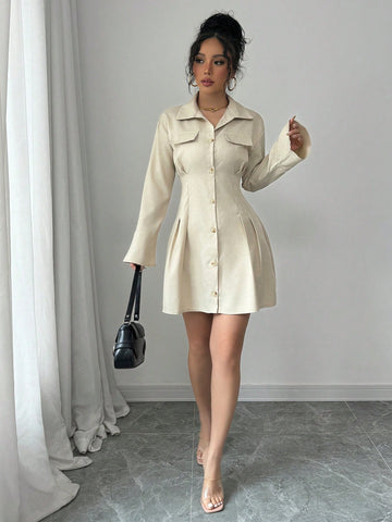 Women's Casual Solid Color Bell Sleeve Pleated Hem Shirt Dress, Autumn