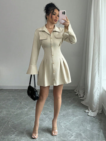 Women's Casual Solid Color Bell Sleeve Pleated Hem Shirt Dress, Autumn