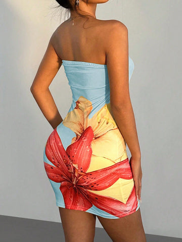 Women's Casual Vacation Bandeau Bodycon Floral Print Summer Dress