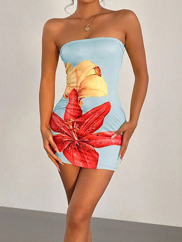 Women's Casual Vacation Bandeau Bodycon Floral Print Summer Dress